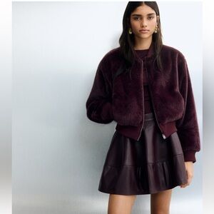 New H&M Reversable Faux Fur Bomber Jacket - Deep Burgundy